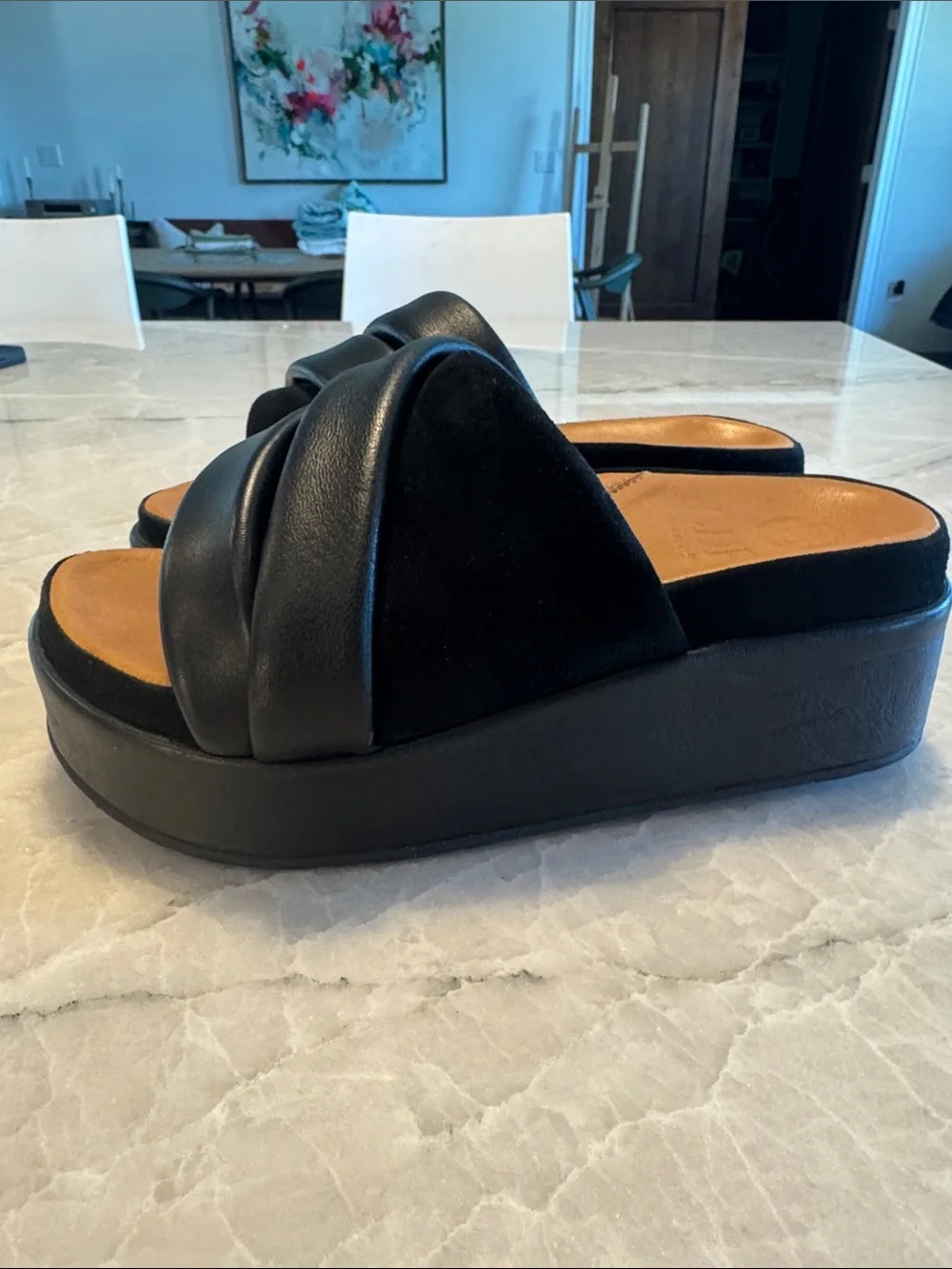LDP black suede and leather platform slides